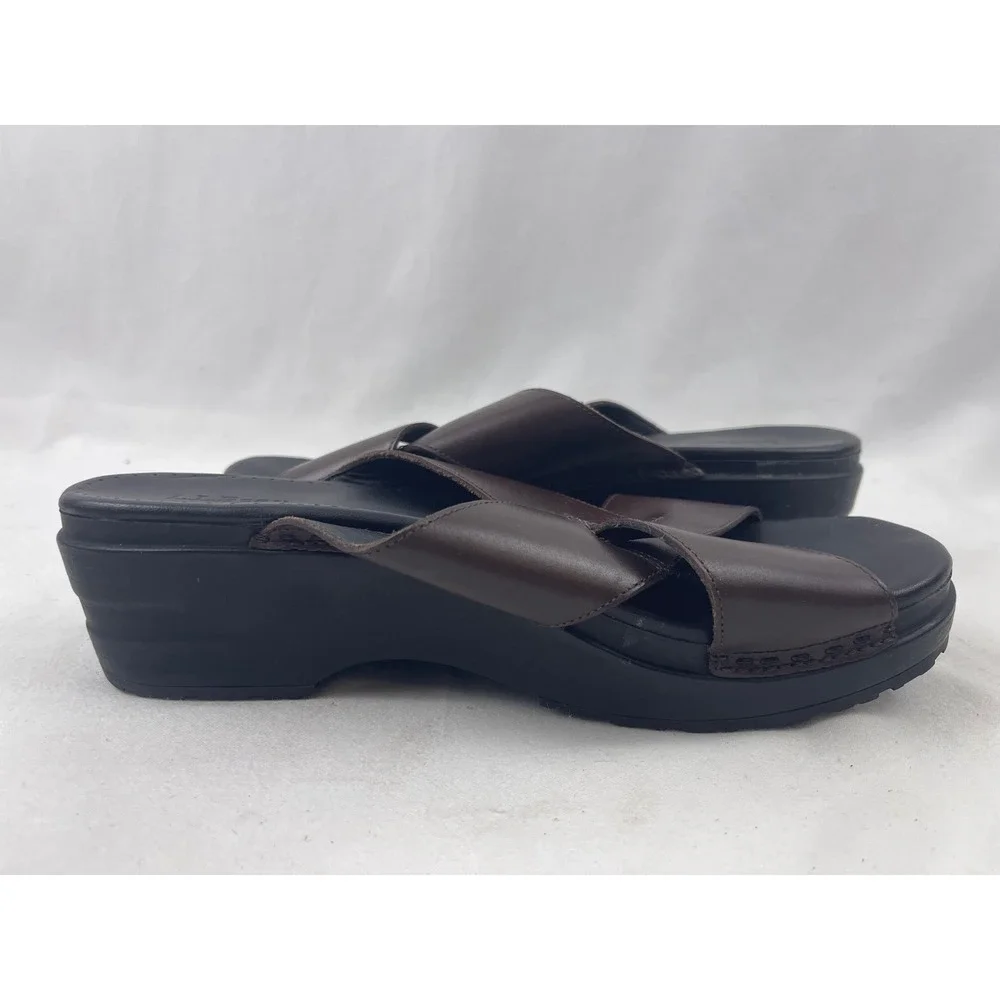 LL Bean Leather‎ Wedge Slide Sandals Womens 8.5 M Brown Cross Strap Comfort